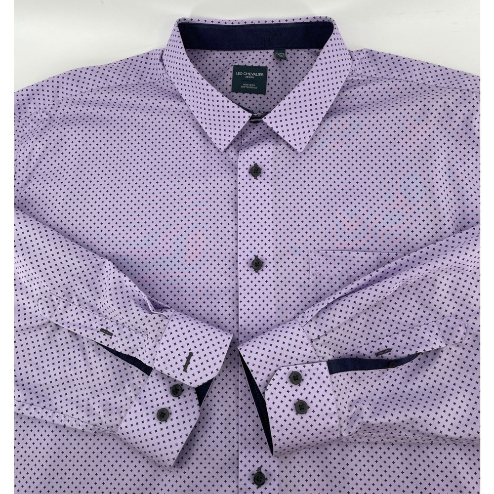 Leo‎ Chevalier Dress Shirt Mens 2XL Purple Geometric Non-Iron Cotton Long Sleeve